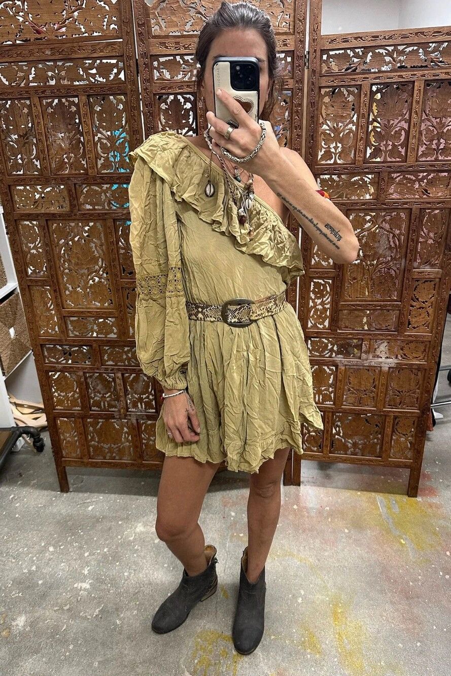 NWT Jen's Pirate Booty Dress One Shoulder Crochet Inset Dress Tan - Sample Item